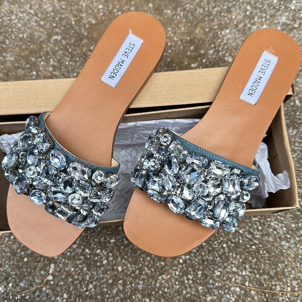 Steve Madden flat slides with denim and jewels